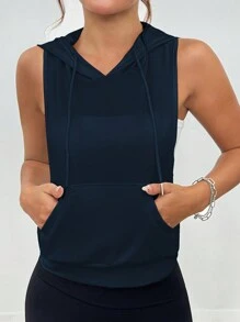 女式无袖连帽衫，背部印花设计，运动运动衫 - 藏蓝色 - 查看 2