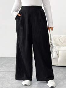 SHEIN Essnce Plus Size Women's Spring Summer Cruise Outfits Women Old Money Style Women Business Casual Woman Vacation New Style Fashion Casual Commuting Elegant Woman Black Textured Fabric Loose Wide-Leg Pants, Pocket Wide-Leg Pants, Formal Pants, Workplace Pants Baggy Pants - Black - View 1