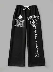 SHEIN Bộ quần áo nỉ trùm đầu và quần dài hai mảnh phong cách Goth Grunge màu đen cho bé gái tuổi teen mùa thu/đông có họa tiết in cho lễ Halloween - Đen và trắng - Xem 3