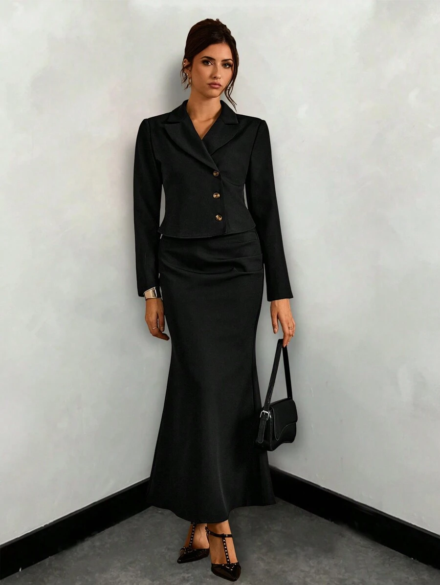 Glamine 2pcs/Set Women Black Summer Elegant Office Notched Collar Single-Breasted Short Jacket And Pleated Fish Tail Slim Fit Long Skirt Suit Fall Outfit - Black - View 1