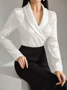 Modelyn Women's Floral Jacquard Faux Pearl Decor Elegant Blouse With Shawl Collar