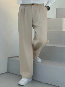 DAZY 男士褶皱口袋直筒纯色休闲西装裤，秋季服装 - 卡其色 - 查看 3