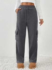 SHEIN PETITE Grey Drawstring Waist Strap Diagonal Pocket Straight Leg Long Casual Sweatpants, Fashionable & Minimalist, Suitable For Petite Women In Autumn/Winter Graduation,Back To School Outfits,Graduation,Teacher Outfits For Women,Back To School - Dark Grey - View 5