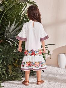 SHEIN 年轻女孩碎花 V 领修身休闲连衣裙 - 白色 - 查看 7