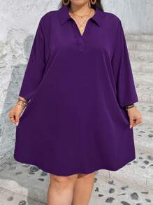 SHEIN CURVE+ CURVE PLUS Plus Size Women Purple Autumn Casual Lougewear Long Sleeve Shirt Collar Dress,Autumn Outfits For Women - Purple - View 8