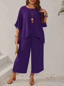 EMERY ROSE Plus Size Women's Dark Blue Batwing Sleeve Round Neck Shirt And Wide Leg Pants Set With Pockets For Summer