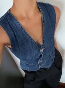 Livesso 女士休闲通勤 V 领牛仔背心 - 中等水洗藍 - 查看 4