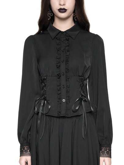 Goth Vintage Gothic Ruffled Bow Tie Collar, Baroque Crystal Pendant, Bell Ruffle Cuff, Cinched Waist Women Blouse, Halloween