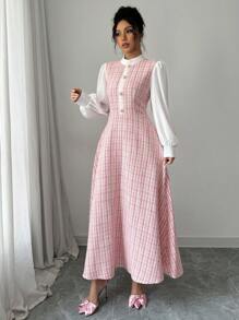 女式格子拼接立领长袖纽扣设计优雅连衣裙长款晚礼服 - 粉色 - 查看 5
