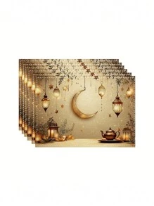 1buc/4buc/6buc Ramadan Lantern Moon Star Placemat, Pret alungit din poliester lavabil la masina, Blat protejat, Placemat izolat, Decorare restaurant, Decorat masa, Articole de uz casnic, Potrivit pentru multi oameni, Decorare pentru petreceri