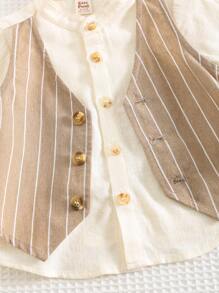 Cozy Pixies 2pcs/Set Baby Boy Lapel Collar Long Sleeve Cardigan Top And Elastic Waist Solid Color Pants Set - Khaki - View 4