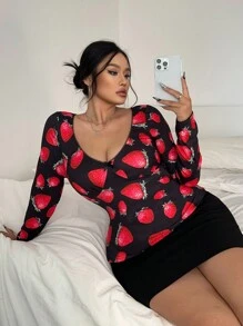 Flirla Unique European & American Style Strawberry Printed V-Neck Slim Fit Top Tee Shirt For Women, Sweet & Cute - Multicolor - View 7