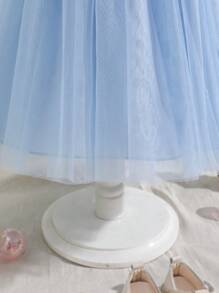 年轻女孩优雅盖袖网眼覆盖连衣裙，夏季 - 藍色 - 查看 5