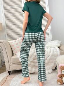 Plaid Bear Print Pajama Set, Casual And Fashionable For Daily Wear