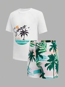 SHEIN 3pcs/Set Tween Boy Vacation Palm Tree Graphic Swimsuit, Swim Trunks & Hat - White - View 16