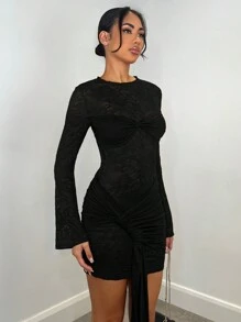 SHEIN BAE Sexy Wine Red Lace Sheer Long Sleeve Flounced Dress, Suitable For Clubbing, Date Night, Evening Outings, Holiday Party, Bridesmaids,Party Dress - Black - View 5