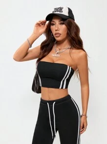 SHEIN EZwear Conjuntos de Roupas Femininas de Primavera/Verão para Sair, Streetwear, Esporte, Decoração com Textura Faixada, Top Tubular e Calças Flare em Duas Peças - Preto - Visão 5