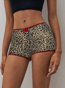 Aloruh Women Leopard Print Lace Trim Decorated Low Waist Shorts