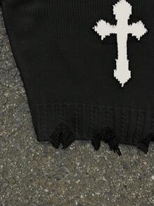 AXEPEAK Men's Cross Graphic Casual Loose Drop Shoulder Short Knit Black Long Sleeve Sweater, Autumn/Winter - Black and White - View 7