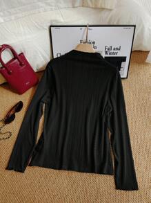 SHEIN EZwear Women's Plus Size Ribbed Stand Collar Long Sleeve Casual T-Shirt, Black Autumn Top - Black - View 2