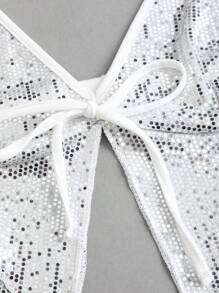 EgrlEra Bộ 2 món: Áo hở lưng hở lưng đính sequin lấp lánh + Chân váy mini nhún bèo - Bạc - Xem 5