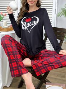情人节情侣爱心皇冠休闲格子撞色女士睡衣套装，秋冬服装 - 彩色 - 查看 3
