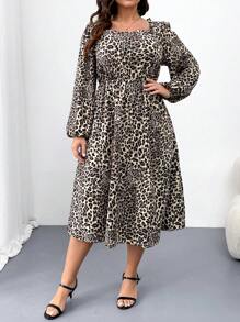 SHEIN Clasi Große Größen elegantes figurbetontes Kleid mit Leopardenmuster und silbernen Linien, Langarm