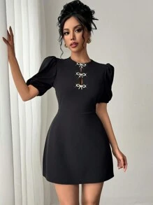 Firerie New Elegant Commuter Modern Round Neck Cutout Rhinestone Bow Puff Sleeve A-Line Mini Dress, Spring/Summer Outfits, Valentine's Day