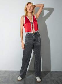 SHEIN EZwear Top corto ajustado de satén rojo sexy con encaje y lazo para mujer, ideal para fiestas - Rojo - Ver 4