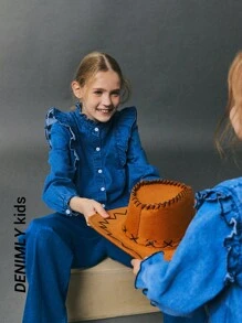 2pcs Girls Floral Ruffled Soft Denim Shirt & Straight Jeans Casual Vacation Outfit, Non-Stretch, Lightweight, Spring Autumn - Medium Wash - View 6