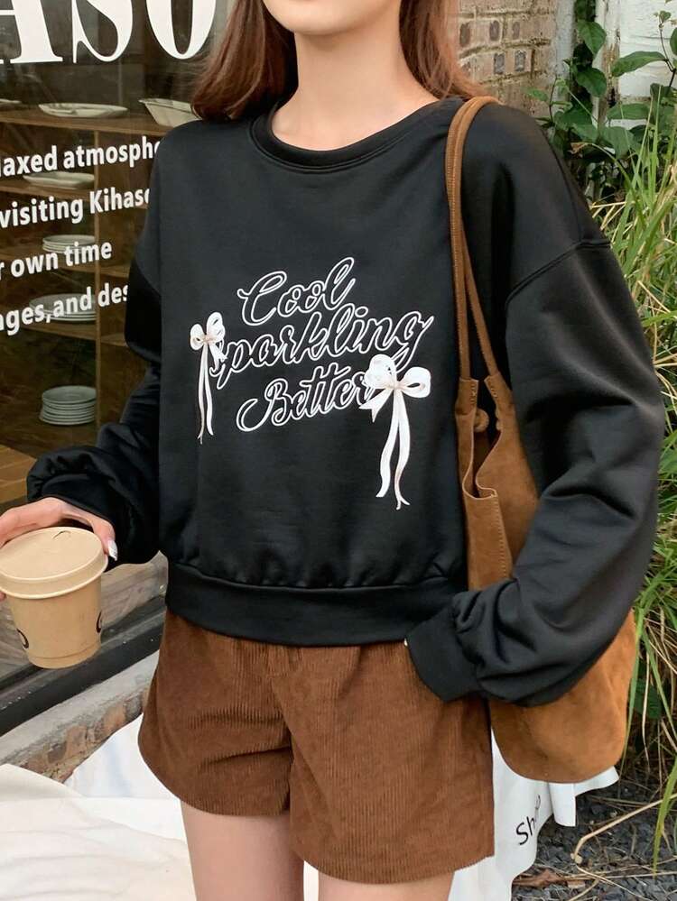 Letter & Bow Graphic Loose Fitting Long Sleeve Round Neck Sweatshirt For Women,Fall Clothes