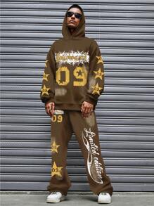 ROMWE MEN Prep 2pcs Men Letter & Star Print Drawstring Hoodie & Sweatpants Tracksuit - Coffee Brown - View 2