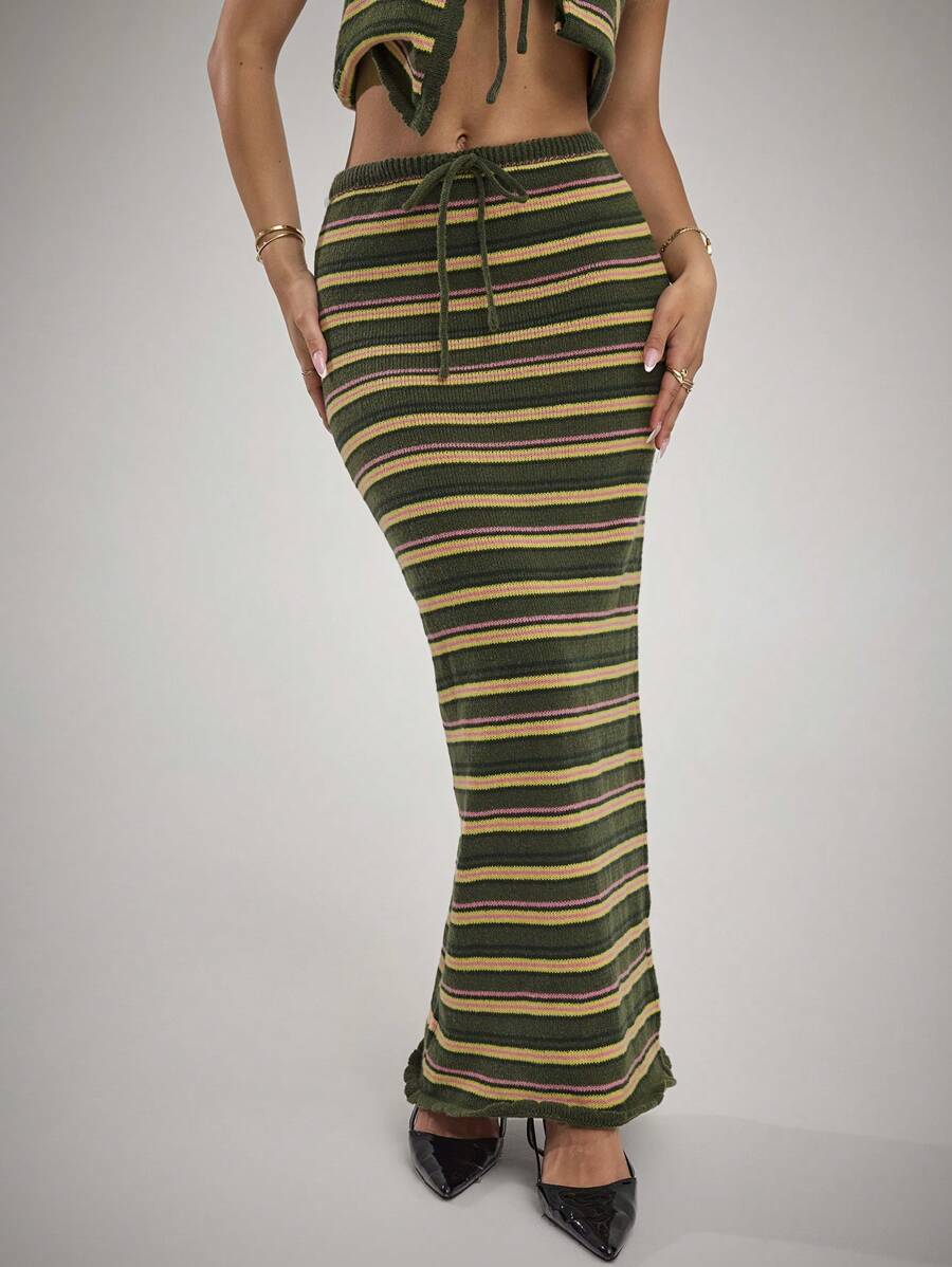 Forever 21 1 Peça Saia Longa de Tricô Casual Feminina com Listras Contrastantes - Multicolorido - Visão 1