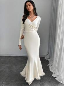 Modelyn Women's Solid Color Long Sleeve Casual Long Dress With Fluffy Trim Long Evening Dresses - Apricot - View 6