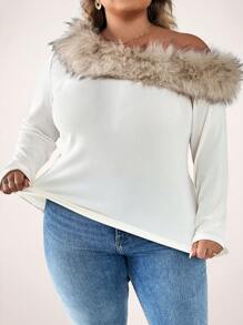 SHEIN CURVE+ 大码女式毛茸茸拼布不对称肩长袖休闲衬衫