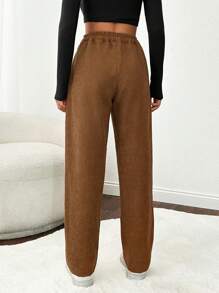 EURMUSE 女式纯色弹性后背紧身灯芯绒裤 - 駝色 - 查看 2