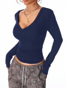 Coolane Women's Fall/Winter Casual Knit With Fleece V-Neck T-Shirt