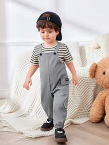 SHEIN Casual Sports Stylish Pockets Letter Printed Overalls For Toddler Boys/Girls, Suitable For Spring & Summer Wear, Indoor & Outdoor - Grey - View 3