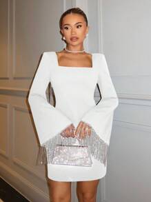 SHEIN BAE Autumn Long Sleeve Rhinestone Tassel Backless Flare Sleeve Mini Dress, Date Night Party Club Outfit,Valentine's Day,Valentine Outfits For Women,Valentine's Day,Valentine Outfits For Women - White - View 2