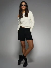 MISSGUIDED 量身定制的高腰亚麻短裤，带侧袋，宽松百慕大长度，正式办公室装，夏季商务休闲装 - 黑色 - 查看 7