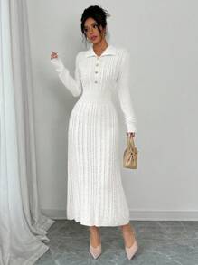 Chiquease Simple Solid Color Knitted Sweater Dress, Casual & Fashionable For Everyday Wear - White - View 1