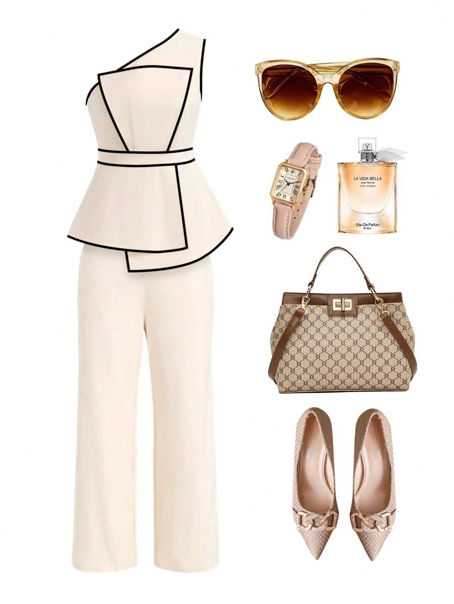 Ellevyn Curvy Plus Size Women's Apricot Asymmetric Neck Contrast Trim Sleeveless Cropped Top And Pants Two Pieces Set, Business Elegant Suit, Off The Shoulder, Summer Outfits For Women, Vacation Outfits Woman, Wedding Guest Dress Women, Summer Clothes, Business Casual Woman, Office Outfits For Women, Work Clothes Women, Wedding Guest Dress, Old Money Style Women, Going Out Outfits, European Summer, 2 Pieces Sets Ladies, Sets For Women, Matching Sets Women, Summer Sets