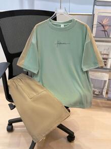 SHEIN Leap Crew 2pcs Set Teen Boy's Letter Graphic Tee & Drawstring Waist Shorts Set;Spring Wear; Teen Boys' Clothing; Teen Boy' Jackets, Spring Back To School - Multicolor - View 1