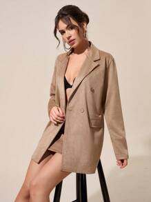 EURMUSE Urban Chic Double-Breasted Nubuck Light Jacket & Mini Skirts Two-Pieces Set - Camel - View 5