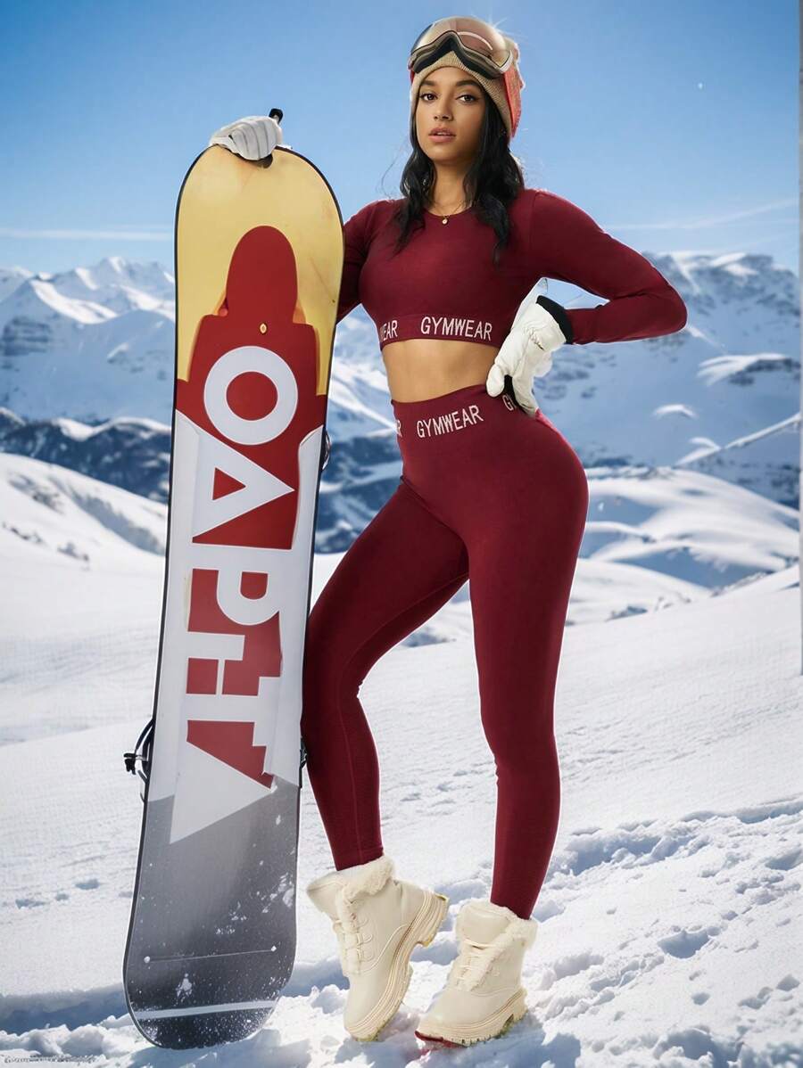 Easithlete Winter Long Sleeve Top & Pants Seamless Ski Sports Suit - Burgundy - View 1