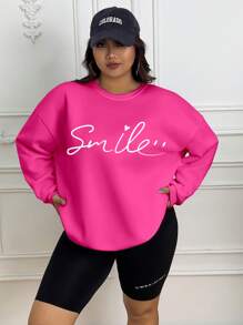 INAWLY Plus Size Letter Graphic Drop Shoulder Thermal Lined Sweatshirt, For Winter Fall Cloth For Women Autumn - Hot Pink - View 5