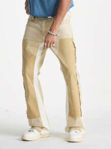 Manfinity EMRG Men's Khaki Denim Skinny Fit Patchwork Flared Pants - Khaki - View 6