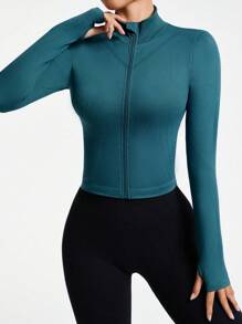 Easithlete Women's Solid Color Front Zipper Long Sleeve Casual Top, For Daily Wear - Blue - View 5