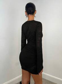 SHEIN BAE Sexy Wine Red Lace Sheer Long Sleeve Flounced Dress, Suitable For Clubbing, Date Night, Evening Outings, Holiday Party, Bridesmaids,Party Dress - Black - View 2