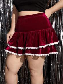 SHEIN MOD Plus Size Vintage Velvet Ruched Decorative Cute Cake Pleated Skirt, Valentine's Day Gift - Burgundy - View 3